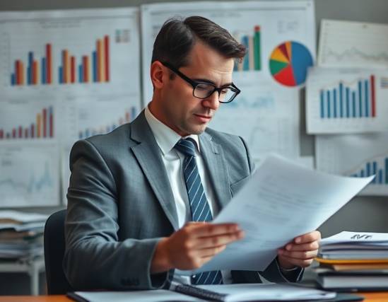 neat bookkeeper accountant, thoughtful, reviewing documents, photorealistic, surrounded by ledgers and financial charts, highly detailed, slight breeze rustling papers, 48MP, muted grey and blue colors, diffused daylight, shot with an 85mm lens.