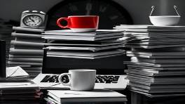 cluttered bookkeeper desk, intense, stacking files, photorealistic, cluttered desk with a coffee mug and stationery, highly detailed, digital clock ticking, 24MP, monochromatic scheme, bright LED light, shot with a macro lens.