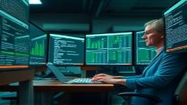 busy bookkeeper finance, determined, typing on keyboard, photorealistic, screens filled with spreadsheets, highly detailed, mouse clicking noises, 40MP, deep green and brown hues, cool fluorescent overheads, shot with a 70-200mm lens.