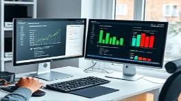 tidy bookkeeper computer, engaged, entering data, photorealistic, dual monitors displaying financial data, highly detailed, soft hum of computer, 60MP, crisp white and black palette, natural window light, shot with a wide-angle lens.