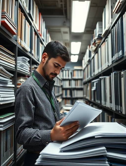 efficient bookkeeper accountant, meticulous, sorting documents, photorealistic, bookshelves filled with manuals and guides, highly detailed, rustling of paper, 28MP, black and metallic tones, overhead fluorescent, shot with an 18-55mm lens.