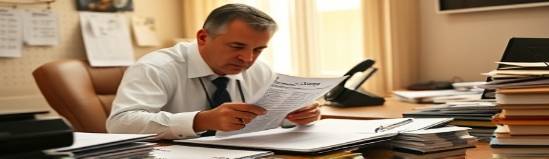 diligent bookkeeper desk, absorbed, flipping pages of a ledger, photorealistic, cluttered desk with financial publications, highly detailed, background phone ringing, 22MP, warm beige tones, afternoon sunlight, shot with a telephoto lens.