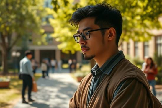 inquisitive scholar, contemplating, deciphering, photorealistic, university campus quad with students and professors, highly detailed, rustling leaves and distant conversations, high-definition, earth tones, natural sunlight, shot with a 35mm lens.