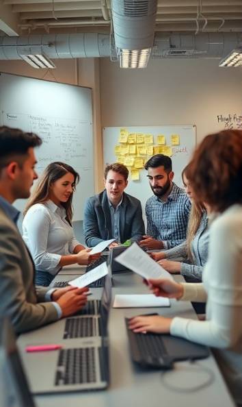 diverse group of people, debating, collaborating, photorealistic, open-plan office with whiteboards and sticky notes, highly detailed, turning pages and typing keyboards, crystal clear, neutral colors, overhead lighting, shot with a 24mm lens.