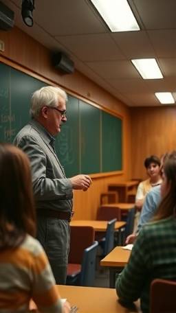 experienced professor, explaining, teaching, photorealistic, college lecture hall with engaged students, highly detailed, scribbling on a chalkboard and nodding heads, super high-res, classic wood tones, fluorescent lighting, shot with a telephoto lens.