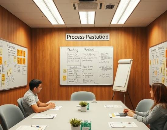 structured process guide, informative, explaining procedures, photorealistic, cozy conference room with whiteboards, highly detailed, flipcharts and post-it notes, ISO 400, natural colors, overhead fluorescent lighting, shot with a 35mm lens.