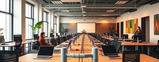 user-friendly onboarding manual, approachable, detailing company culture, photorealistic, tech startup office with open spaces, highly detailed, laptops and tablets on every desk, aperture f/1.8, warm colors, diffused daylight, shot with a 24mm lens.