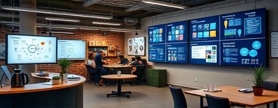 efficient process flow, smooth, outlining interactions, photorealistic, bustling office with coffee station and breakout areas, highly detailed, flowcharts on digital screens, 4K resolution, energetic colors, daylight-balanced lighting, shot with a 16-35mm lens.