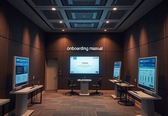 interactive onboarding manual, engaging, teaching compliance measures, photorealistic, training room with acoustic panels, highly detailed, interactive kiosks and feedback stations, shutter speed 1/60s, subdued colors, spotlight effect, shot with a tilt-shift lens.