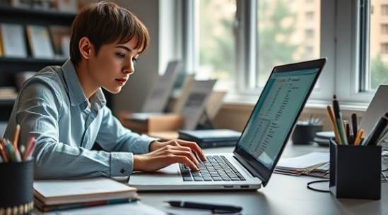 modern bookkeeping laptop, attentive, inputting data, photorealistic, cluttered workstation with stationery, highly detailed, notifications popping up, 35mm lens, silver and black finish, ambient light from window, shot with a wide-angle lens.