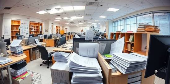 hectic bookkeeping paperwork, overwhelmed, sorting documents, photorealistic, busy office desk space, highly detailed, papers flying around, 24mm lens, white and pastel colors, harsh fluorescent lighting, shot with a fisheye lens.