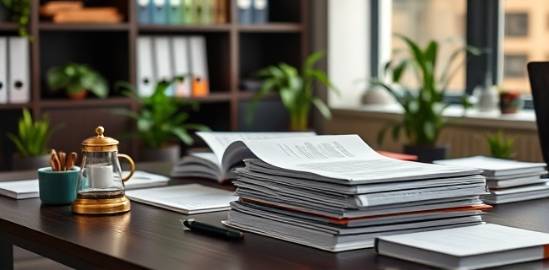 neat bookkeeping desk, content, organizing documents, photorealistic, tidy office with plant decorations, highly detailed, coffee steaming, 50mm lens, dark wood and green accents, warm ambient lighting, shot with a zoom lens.