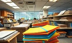 chaotic bookkeeping paperwork, stressed, shuffling files, photorealistic, vibrant office with colorful folders, highly detailed, sticky notes galore, 18mm lens, yellow and blue contrasts, bright ceiling lights, shot with a fisheye lens.