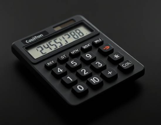 utilitarian bookkeeping calculator, immersed, solving equations, photorealistic, stark minimalist setup, highly detailed, electronic beeping, 75mm lens, matte black, spotlight effect, shot with a macro lens.
