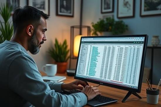 structured bookkeeping spreadsheet, concentrated expression, analyzing data, photorealistic, on a computer screen in a cozy home office, highly detailed, decorative plants and wall art, intricate pixel clarity, cool tones, ambient lighting, shot with a 24mm camera lens