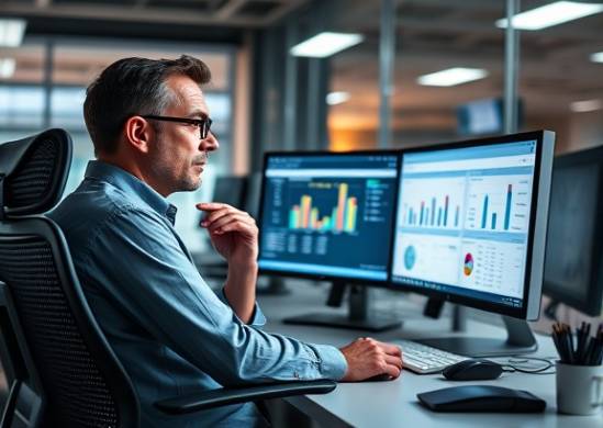 advanced bookkeeping software, contemplative expression, navigating interface, photorealistic, dual monitors in a high-tech workspace, highly detailed, ergonomic chairs and office gadgets, crystal-clear resolution, bold colors, high-key lighting, shot with a 35mm camera lens