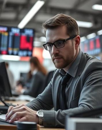 efficient bookkeeping finance, determined expression, reviewing financial trends, photorealistic, within a bustling corporate environment, highly detailed, flashing stock tickers and colleagues in the background, dynamic depth of field, monochrome scheme, fluorescent lighting, shot with a 105mm camera lens