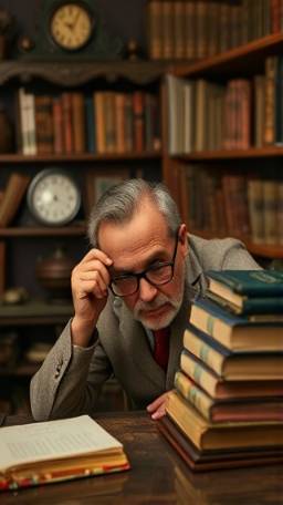 meticulous bookkeeping desk, inquisitive expression, adjusting eyeglasses, photorealistic, cluttered with old account books in a historical setting, highly detailed, ticking clock and dusty shelves, vintage look, muted colors, candlelit ambiance, shot with a 135mm camera lens