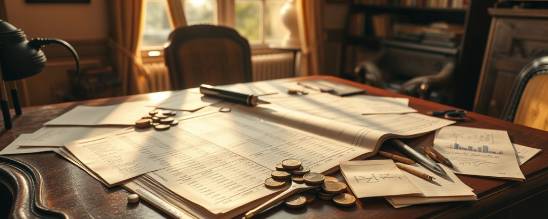 comprehensive bookkeeping ledger, inspired expression, correlating data, photorealistic, spread out on an antique mahogany table in a sun-drenched study, highly detailed, scribbling notes and old coins scattered about, rich textures, warm colors, golden hour glow, shot with a 50mm camera lens
